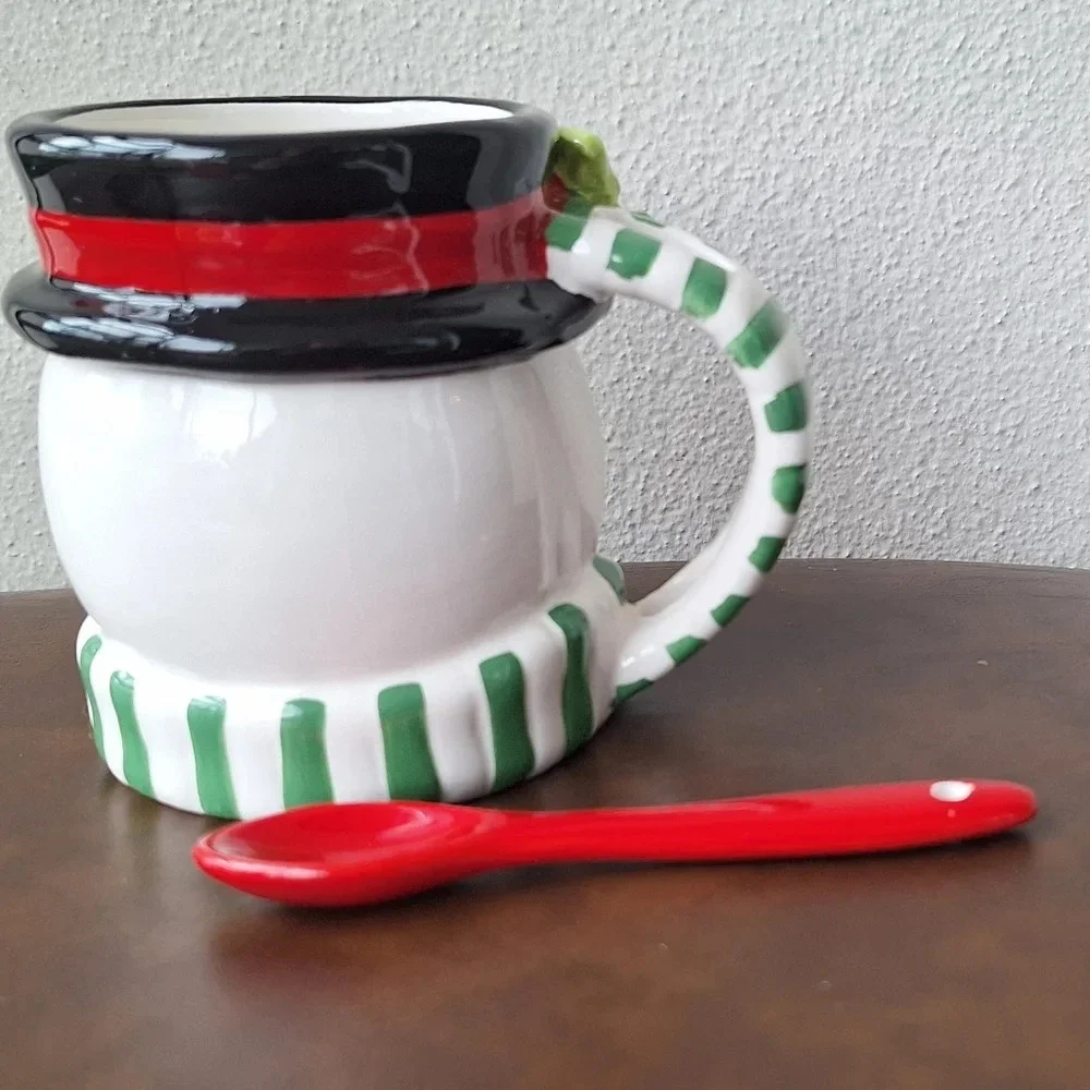 Cracker Barrel Snowman Mug With Spoon 14 Oz 4.5